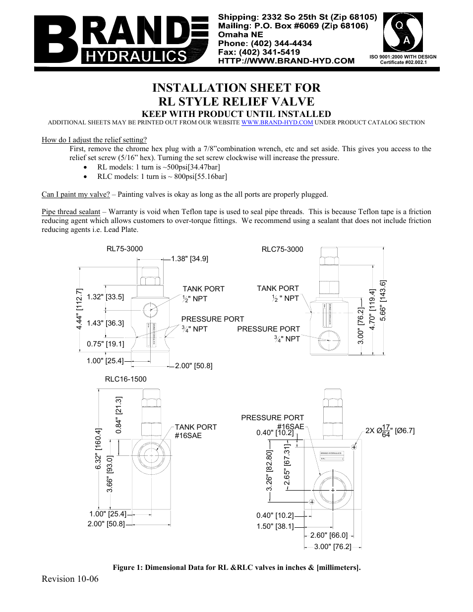 BRAND Hydraulics RL STYLE RELIEF VALVE User Manual | 1 page