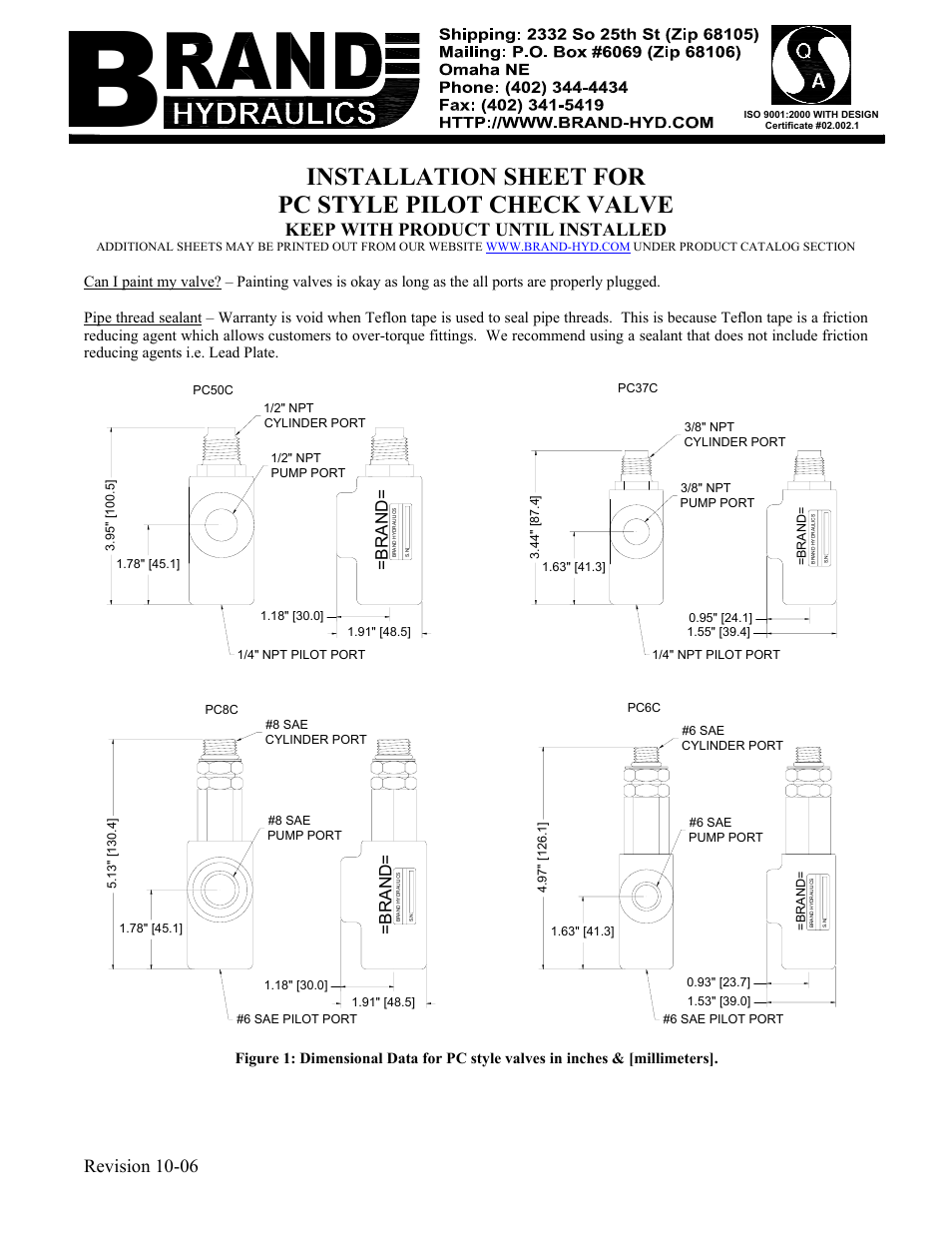 BRAND Hydraulics PC STYLE PILOT CHECK VALVE User Manual | 1 page