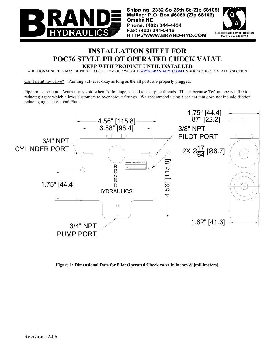 BRAND Hydraulics POC76 STYLE PILOT OPERATED CHECK VALVE User Manual | 1 page