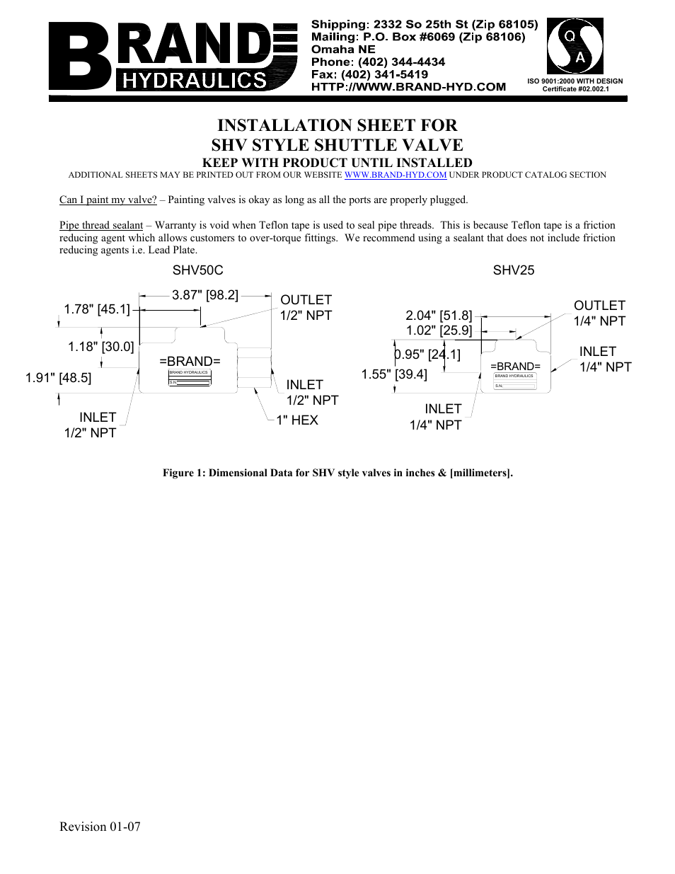 BRAND Hydraulics SHV STYLE SHUTTLE VALVE User Manual | 1 page