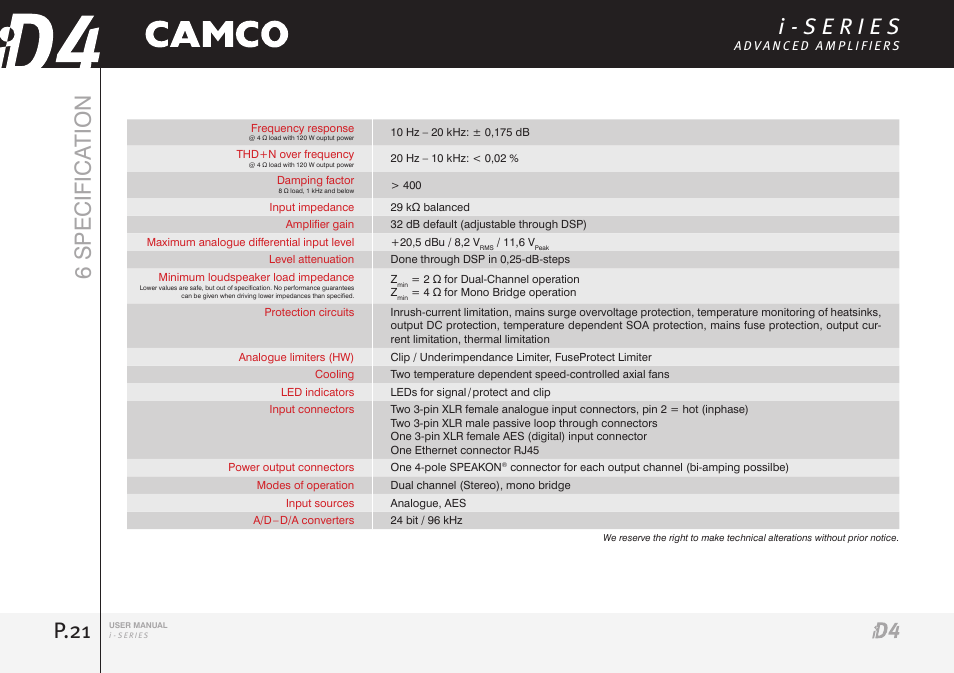 P.21 6 specifica tion | Camco iD4 TDA302USERGBE User Manual | Page 21 / 32