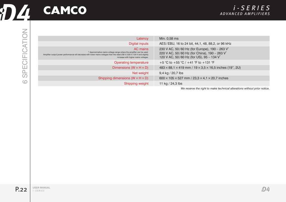 P.22 6 specifica tion | Camco iD4 TDA302USERGBE User Manual | Page 22 / 32