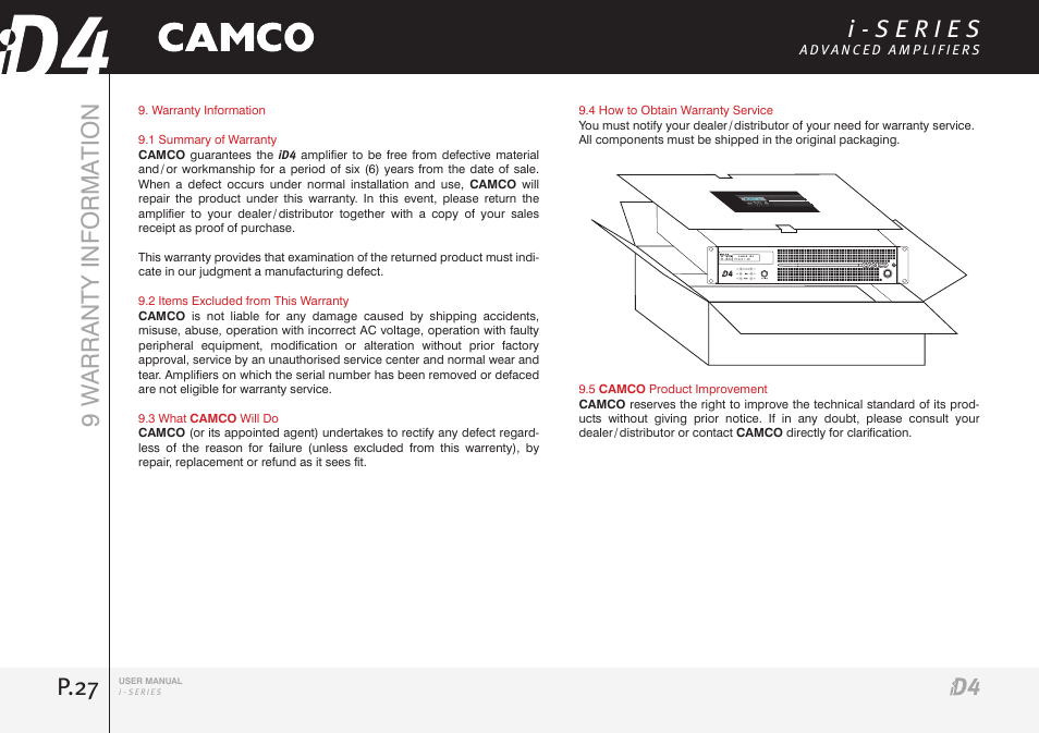 P.27 9 w arranty informa tion | Camco iD4 TDA302USERGBE User Manual | Page 27 / 32