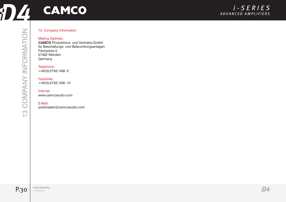 P.30 13 comp any informa tion | Camco iD4 TDA302USERGBE User Manual | Page 30 / 32