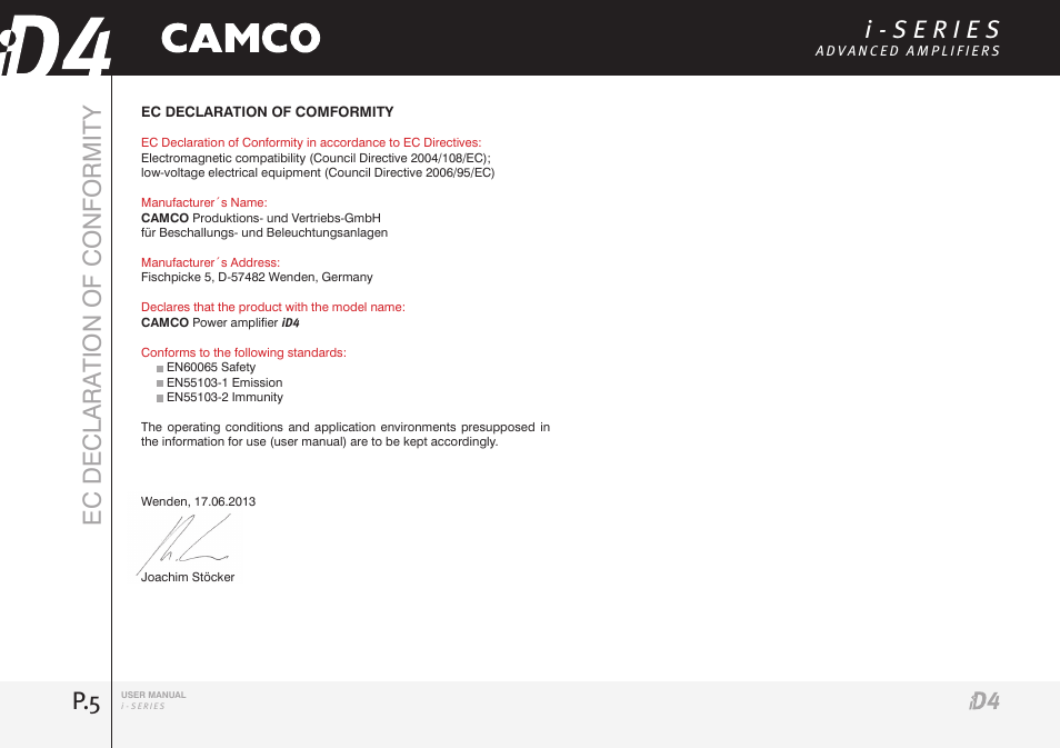P.5 ec declara tion of conformity | Camco iD4 TDA302USERGBE User Manual | Page 5 / 32