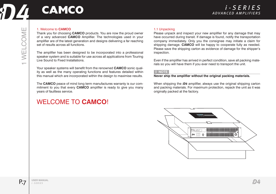 P.7 1 welcome, Welcome to camco | Camco iD4 TDA302USERGBE User Manual | Page 7 / 32