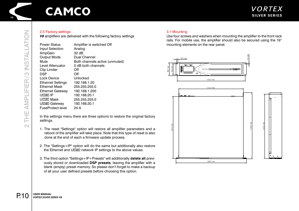Vortex, P.10, 2 the amplifier / 3 inst alla tion | Camco Vortex 8 User Manual User Manual | Page 11 / 36
