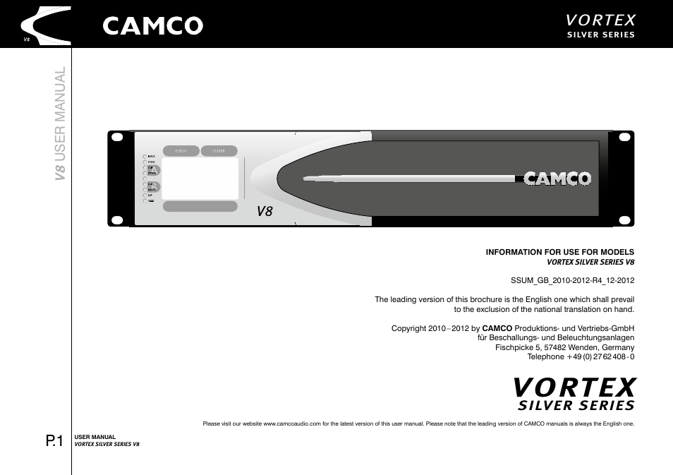 Vortex, S i lv e r se r i es, V8 user manu al | Camco Vortex 8 User Manual User Manual | Page 2 / 36