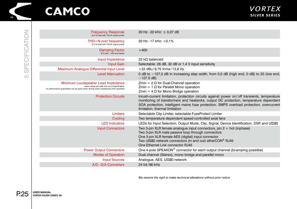 Vortex, P.25, 5 specifica tion | Camco Vortex 8 User Manual User Manual | Page 26 / 36