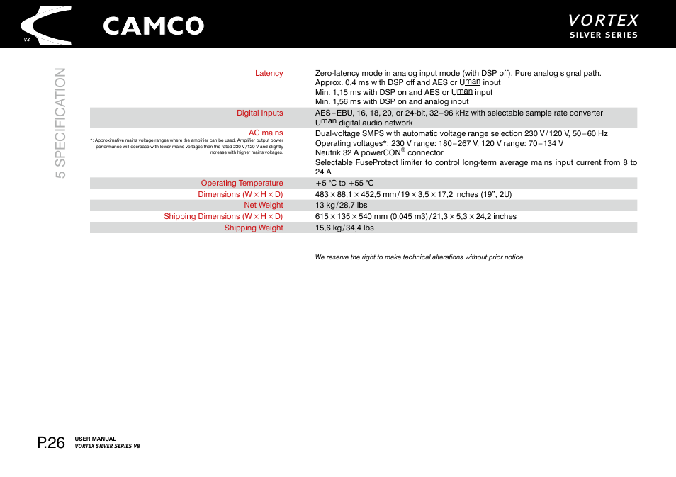 Vortex, P.26, 5 specifica tion | Camco Vortex 8 User Manual User Manual | Page 27 / 36
