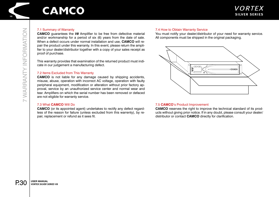 Vortex, P.30, 7 w arranty informa tion | Camco Vortex 8 User Manual User Manual | Page 31 / 36