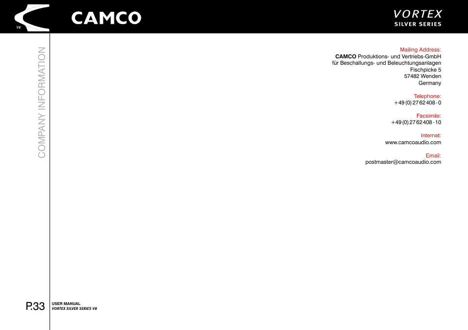 Vortex, P.33, Comp any informa tion | Camco Vortex 8 User Manual User Manual | Page 34 / 36