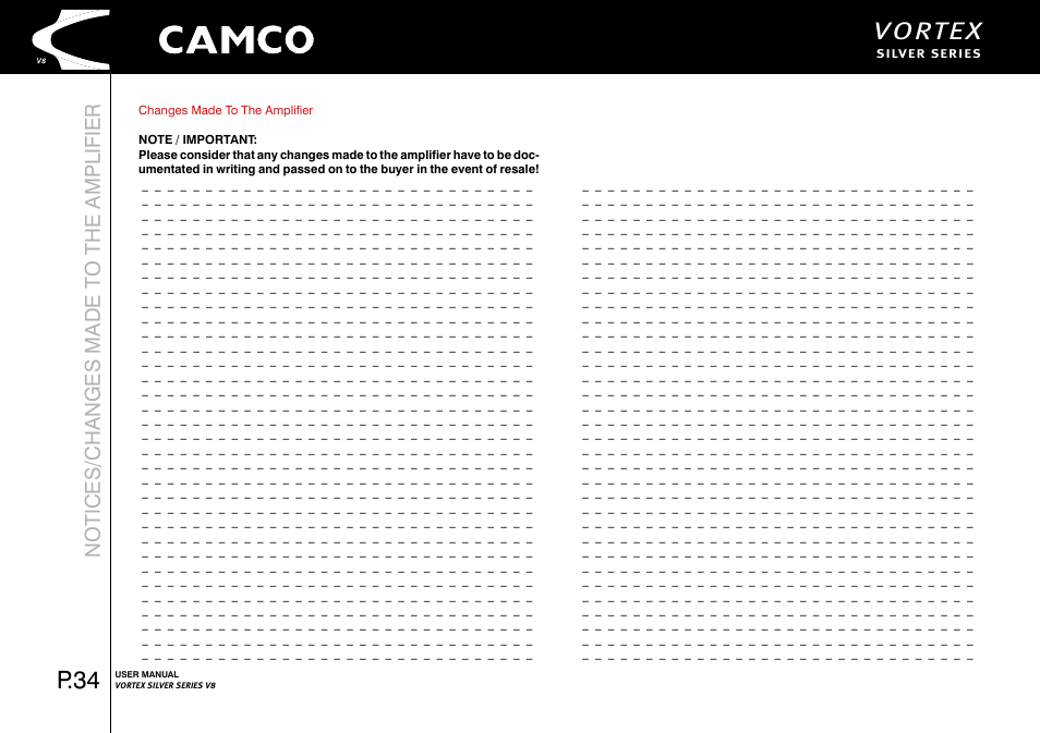 Vortex, P.34, Notices/changes made to the amplifier | Camco Vortex 8 User Manual User Manual | Page 35 / 36