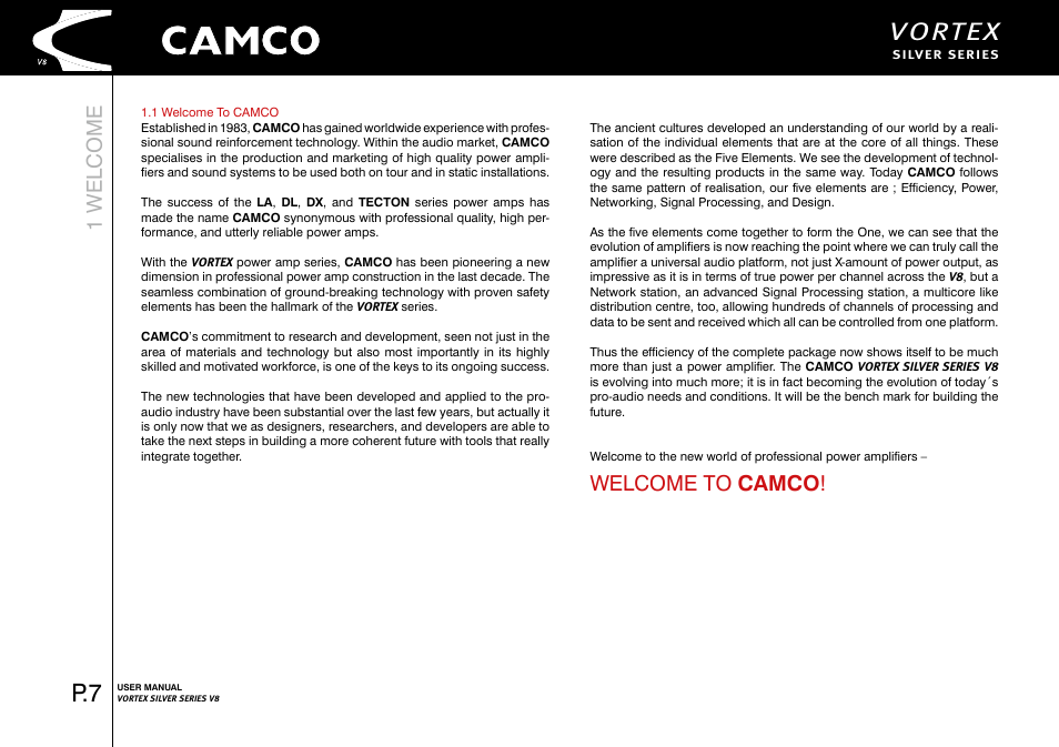 Vortex, Welcome to camco ! 1 welcome | Camco Vortex 8 User Manual User Manual | Page 8 / 36