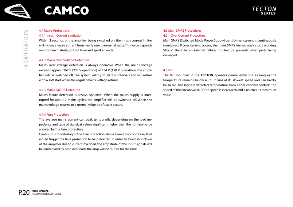 4 oper ation, P.20 | Camco Tecton series User Manual | Page 21 / 38