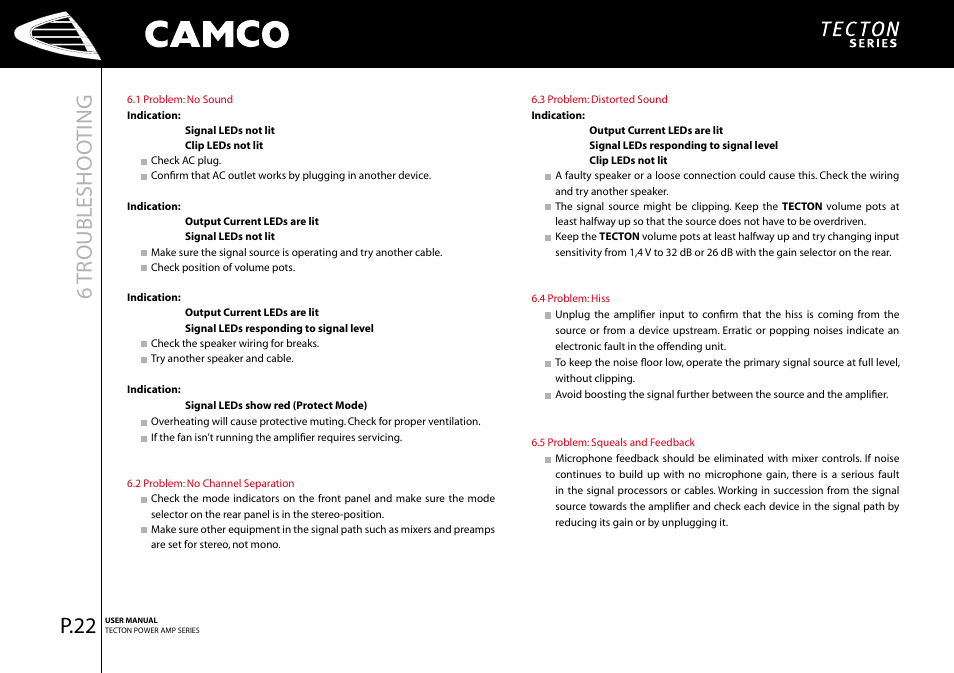 6tr oubleshoo ting, P.22 | Camco Tecton series User Manual | Page 23 / 38