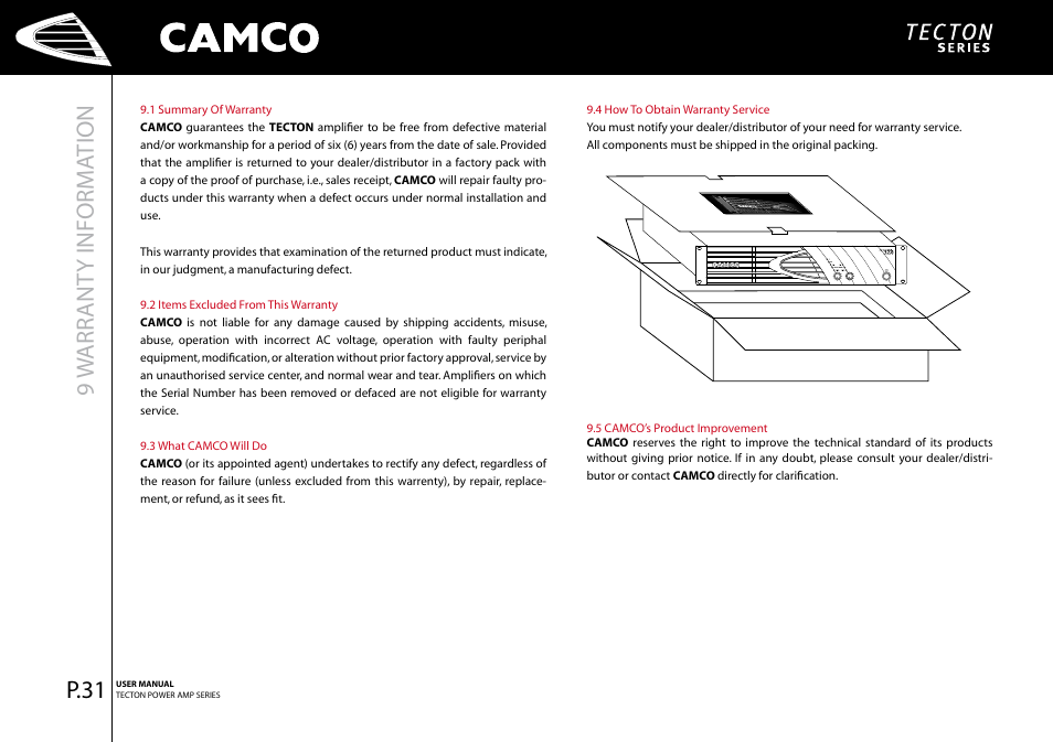 9w arr ant y informa tion | Camco Tecton series User Manual | Page 32 / 38