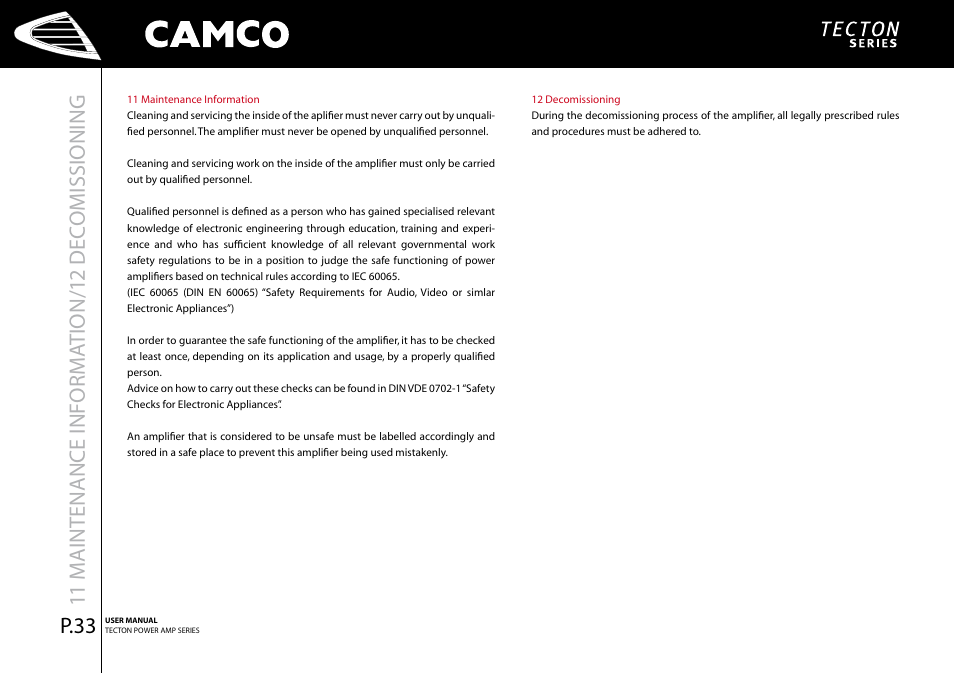 Maintenance informa tion/ 2 dec omissioning, P.33 | Camco Tecton series User Manual | Page 34 / 38