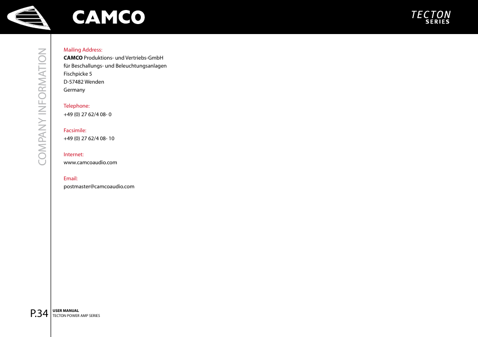 Comp any informa tion, P.34 | Camco Tecton series User Manual | Page 35 / 38