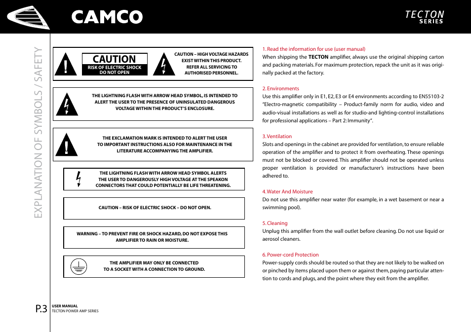Expl ana tion of symbols / safet y, Caution | Camco Tecton series User Manual | Page 4 / 38
