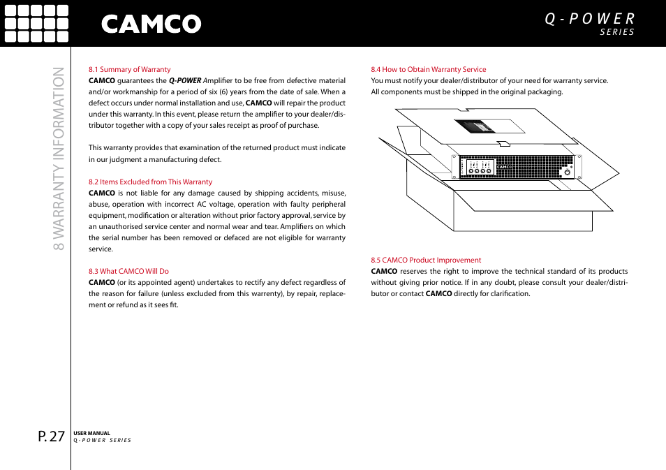 8w arr ant y informa tion | Camco Q-Power User Manual | Page 28 / 34