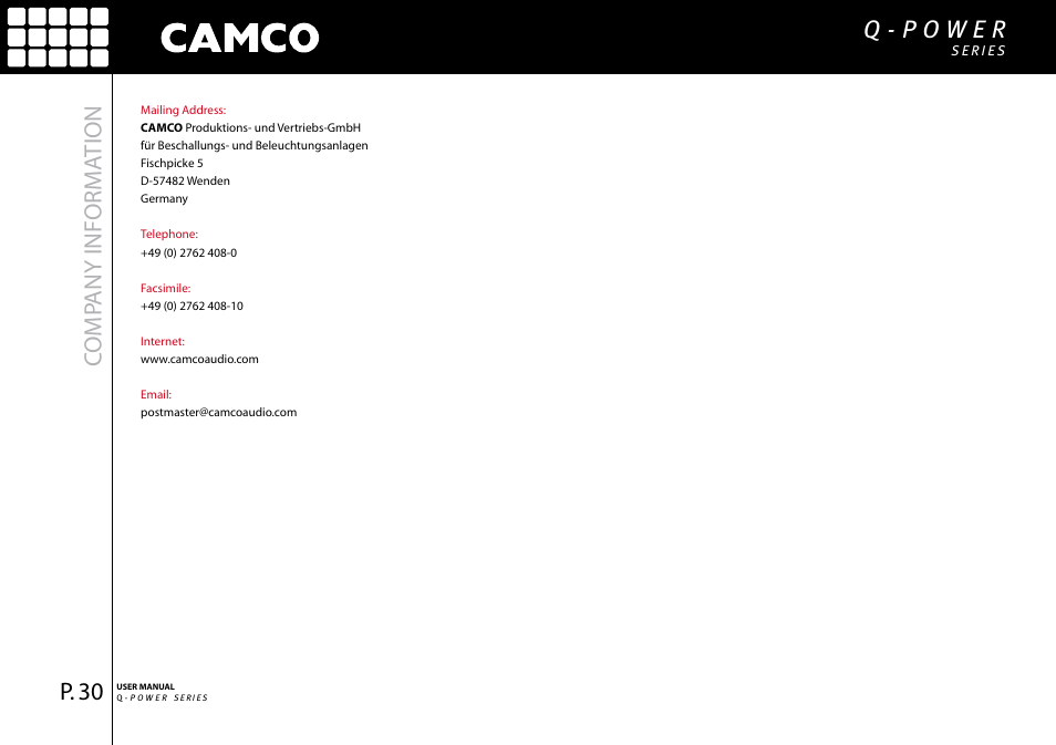 Comp any informa tion | Camco Q-Power User Manual | Page 31 / 34