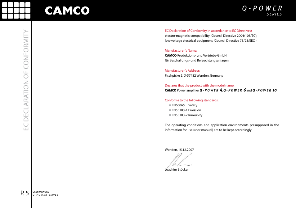 Ec decl ar ation of c onformit y | Camco Q-Power User Manual | Page 6 / 34