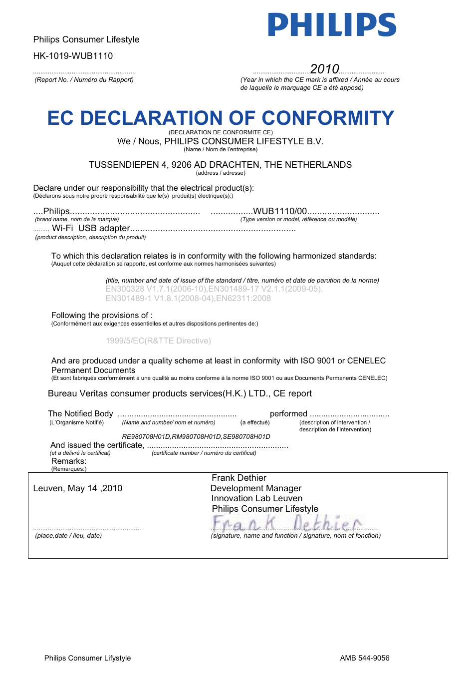Ec declaration of conformity | Philips WUB1110 User Manual | Page 11 / 12