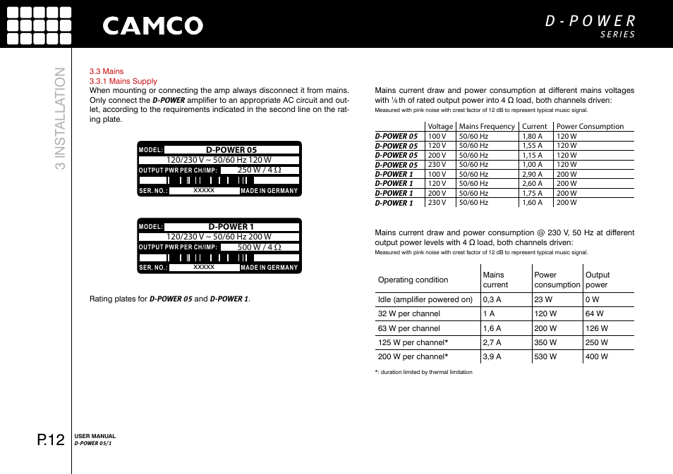 P.12, 3 inst alla tion | Camco D-Power 1 User Manual | Page 13 / 32