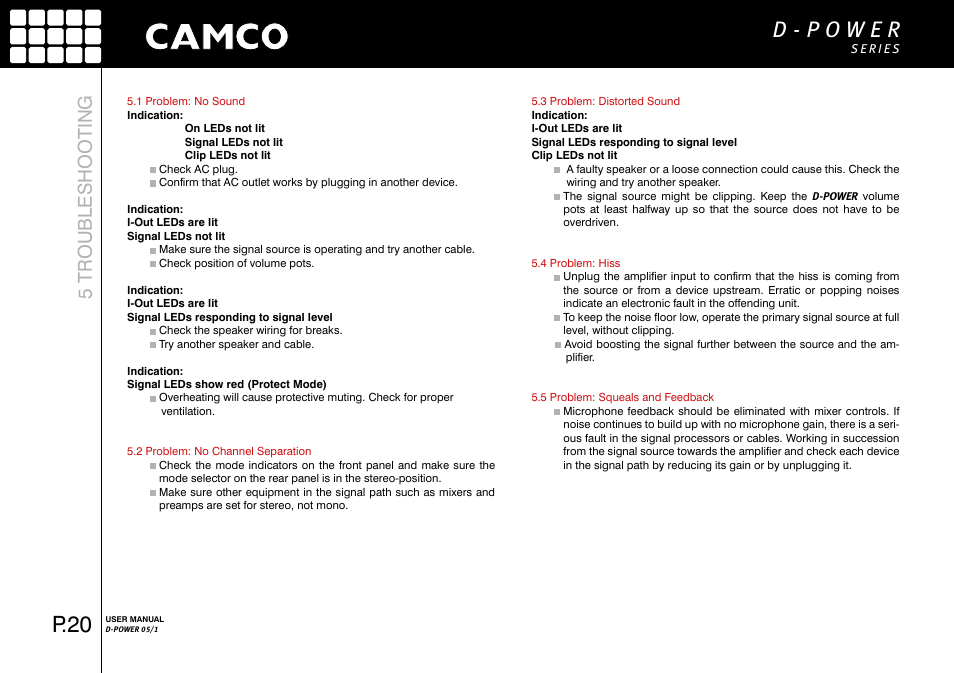 P.20, 5 troubleshooting | Camco D-Power 1 User Manual | Page 21 / 32