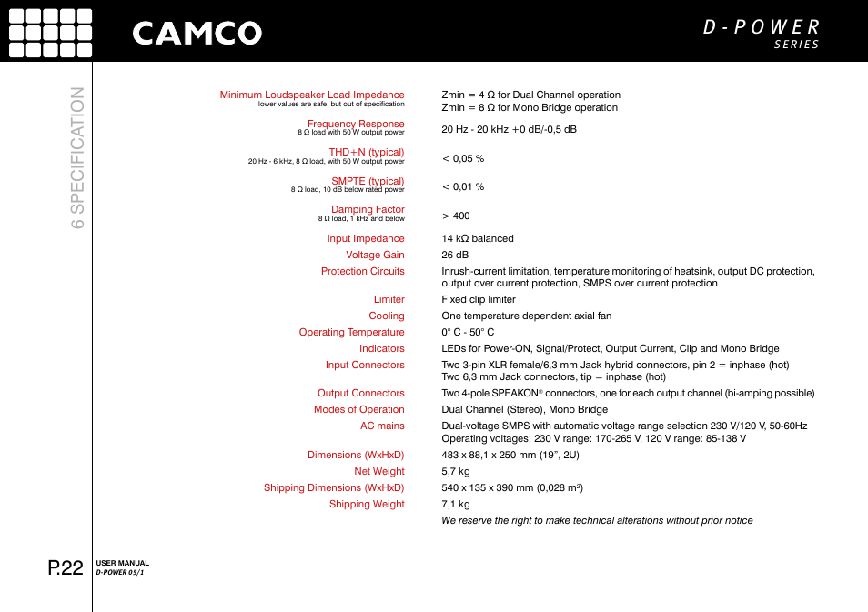 P.22, 6 specifica tion | Camco D-Power 1 User Manual | Page 23 / 32