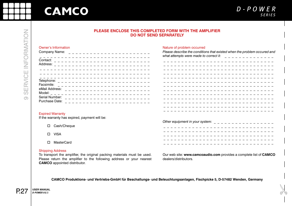 P.27, 9 service informa tion | Camco D-Power 1 User Manual | Page 28 / 32