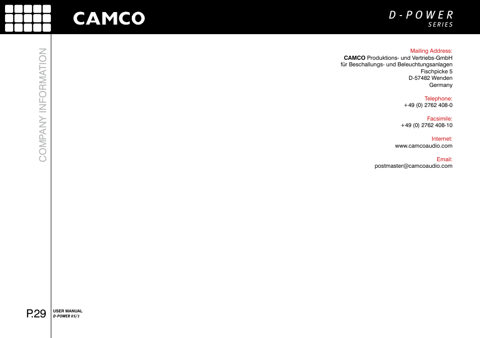 P.29, Comp any informa tion | Camco D-Power 1 User Manual | Page 30 / 32
