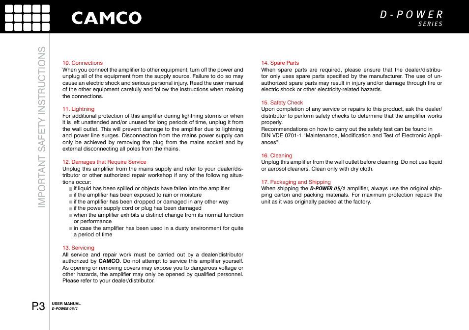 Import ant safety instructions | Camco D-Power 1 User Manual | Page 4 / 32