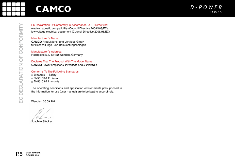 Ec declara tion of conformity | Camco D-Power 1 User Manual | Page 6 / 32