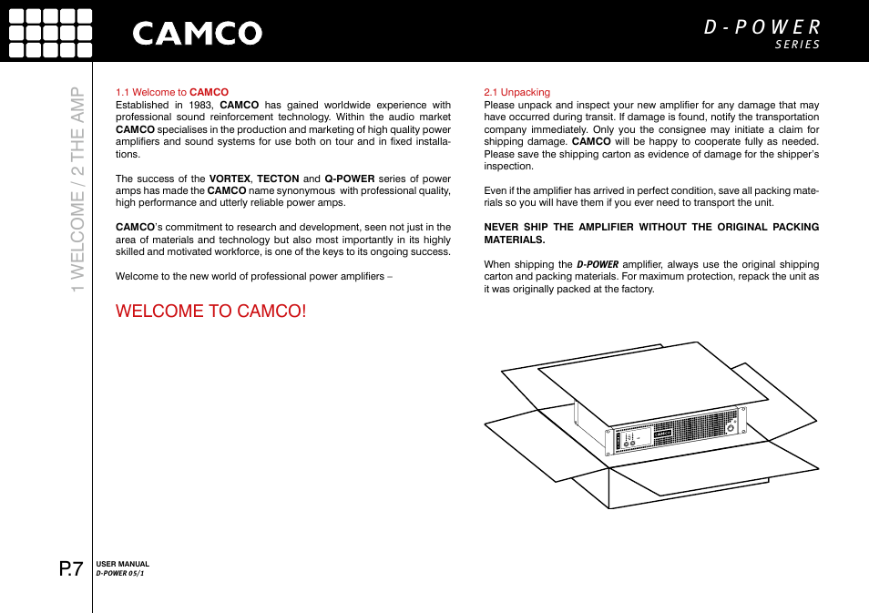 Welcome to camco, 1 welcome / 2 the amp | Camco D-Power 1 User Manual | Page 8 / 32