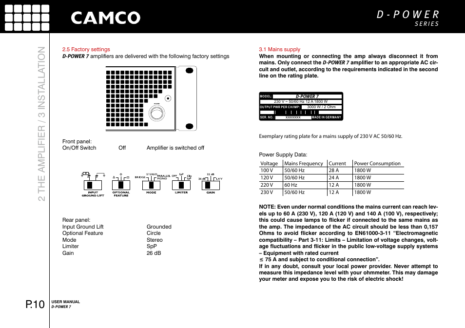 P.10, 2 the amplifier / 3 inst alla tion | Camco D-Power 7 User Manual | Page 11 / 36