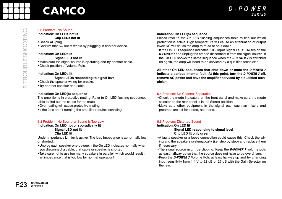 P.23, 5 troubleshooting | Camco D-Power 7 User Manual | Page 24 / 36