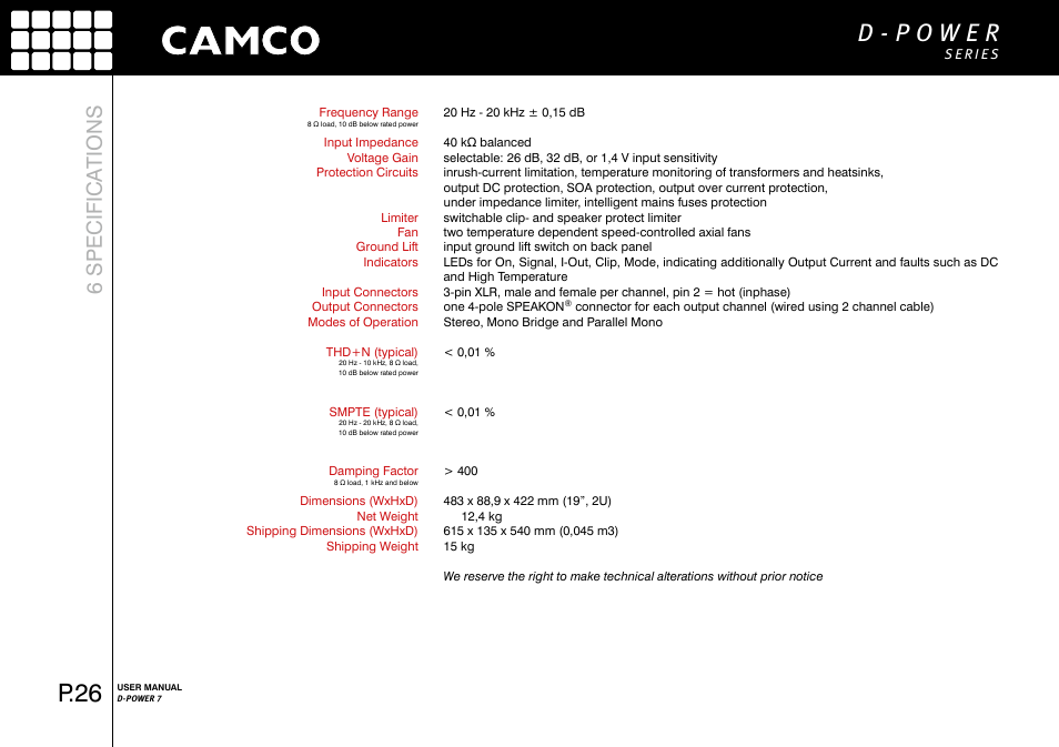 P.26, 6 specifica tions | Camco D-Power 7 User Manual | Page 27 / 36