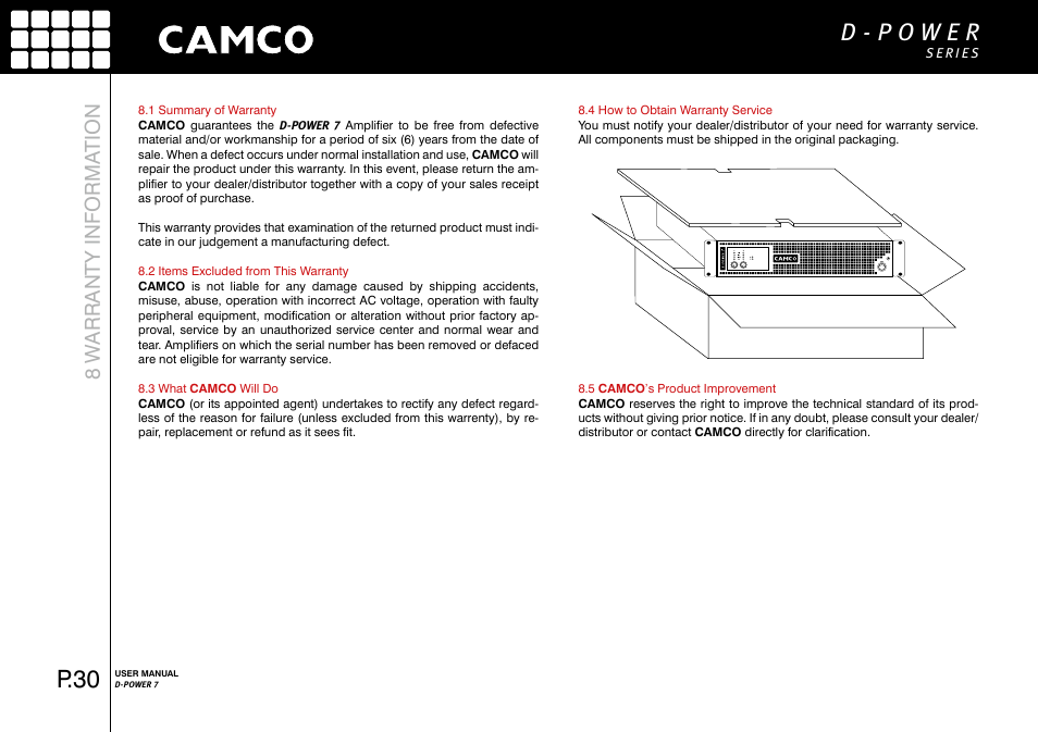 P.30, 8 w arranty informa tion | Camco D-Power 7 User Manual | Page 31 / 36