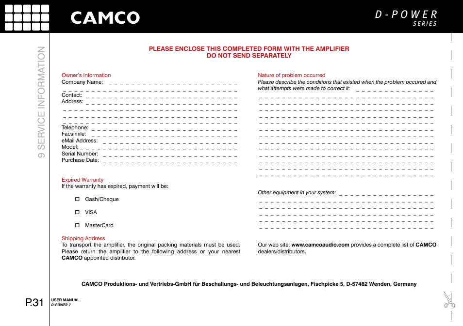 P.31, 9 service informa tion | Camco D-Power 7 User Manual | Page 32 / 36
