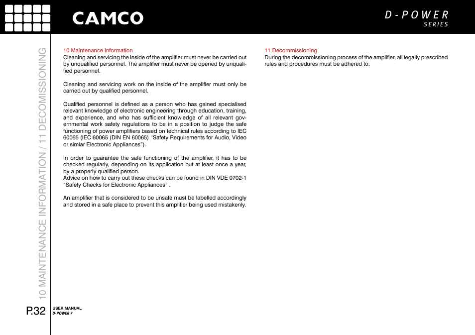 P.32, 10 maintenance informa tion / 11 decomis sioning | Camco D-Power 7 User Manual | Page 33 / 36