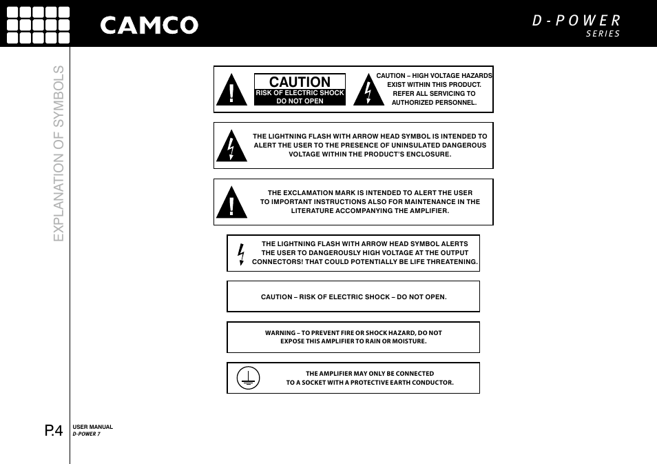 Caution, Explana tion of symb ols | Camco D-Power 7 User Manual | Page 5 / 36