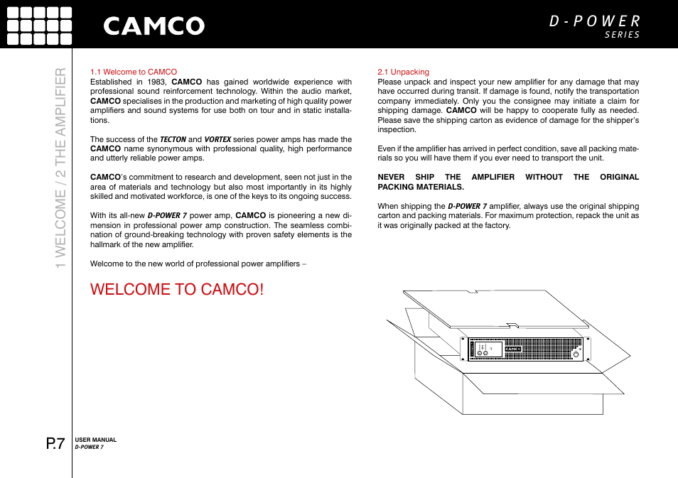 Welcome to camco, 1 welcome / 2 the amplifier | Camco D-Power 7 User Manual | Page 8 / 36