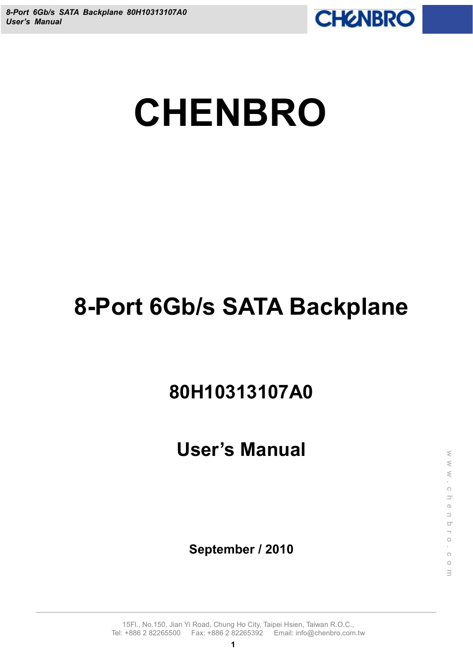 Chenbro RM13108 6Gb/s 8-port 2.5 SATA/SAS Backplane (80H10313107A0), Rev. A0 - Manual User Manual | 10 pages