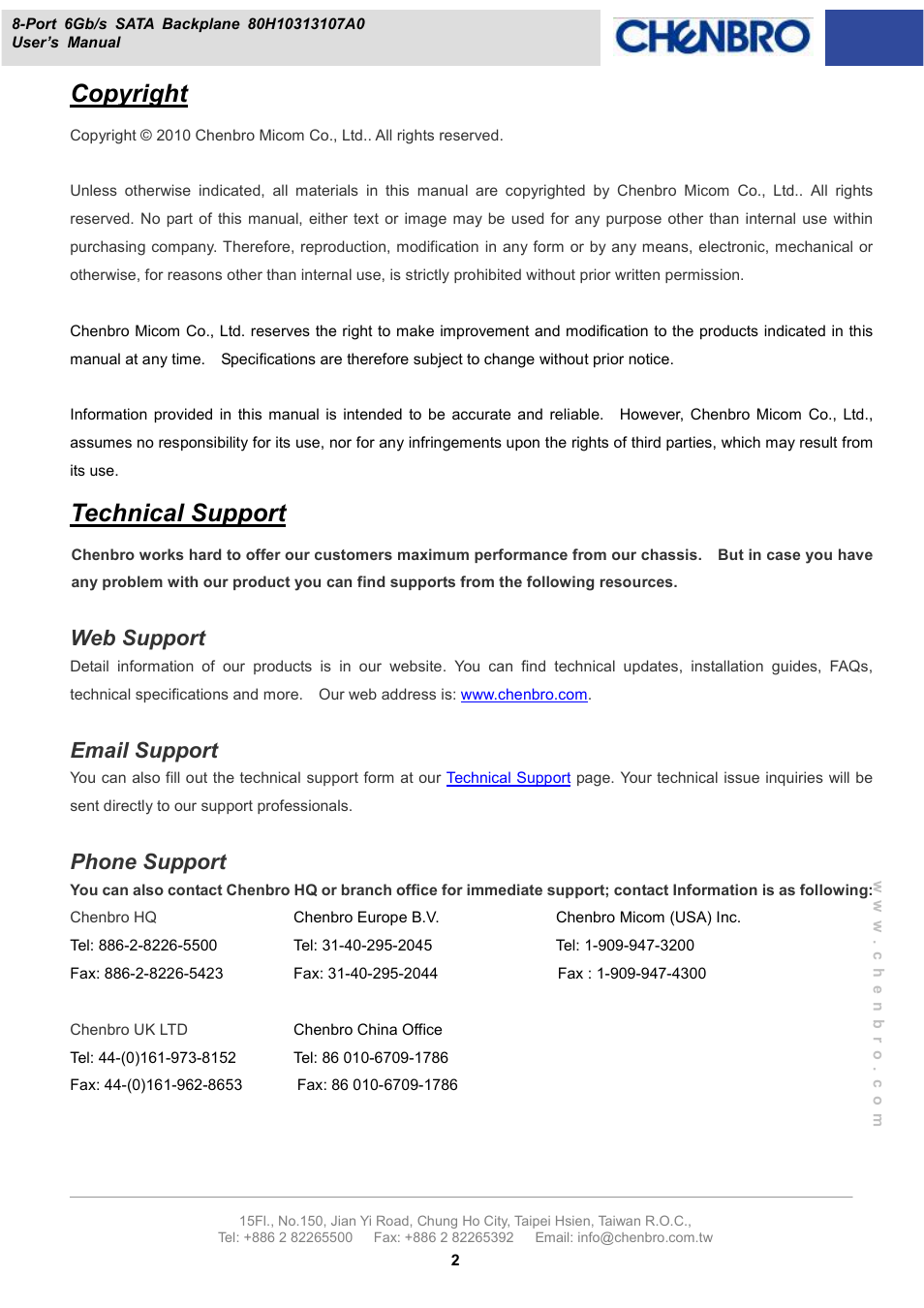 Copyright, Technical support, Web support | Email support, Phone support | Chenbro RM13108 6Gb/s 8-port 2.5 SATA/SAS Backplane (80H10313107A0), Rev. A0 - Manual User Manual | Page 2 / 10