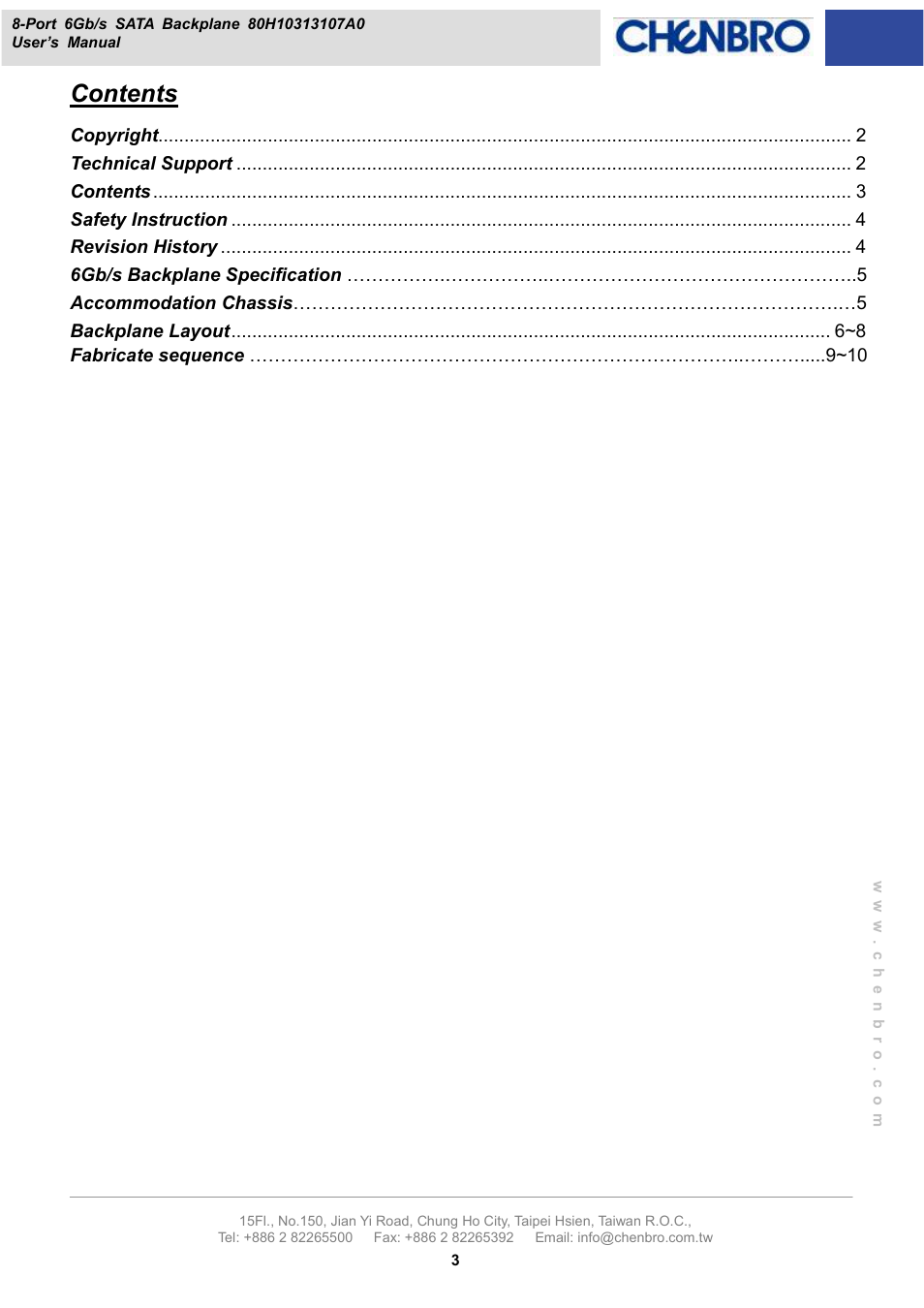 Chenbro RM13108 6Gb/s 8-port 2.5 SATA/SAS Backplane (80H10313107A0), Rev. A0 - Manual User Manual | Page 3 / 10