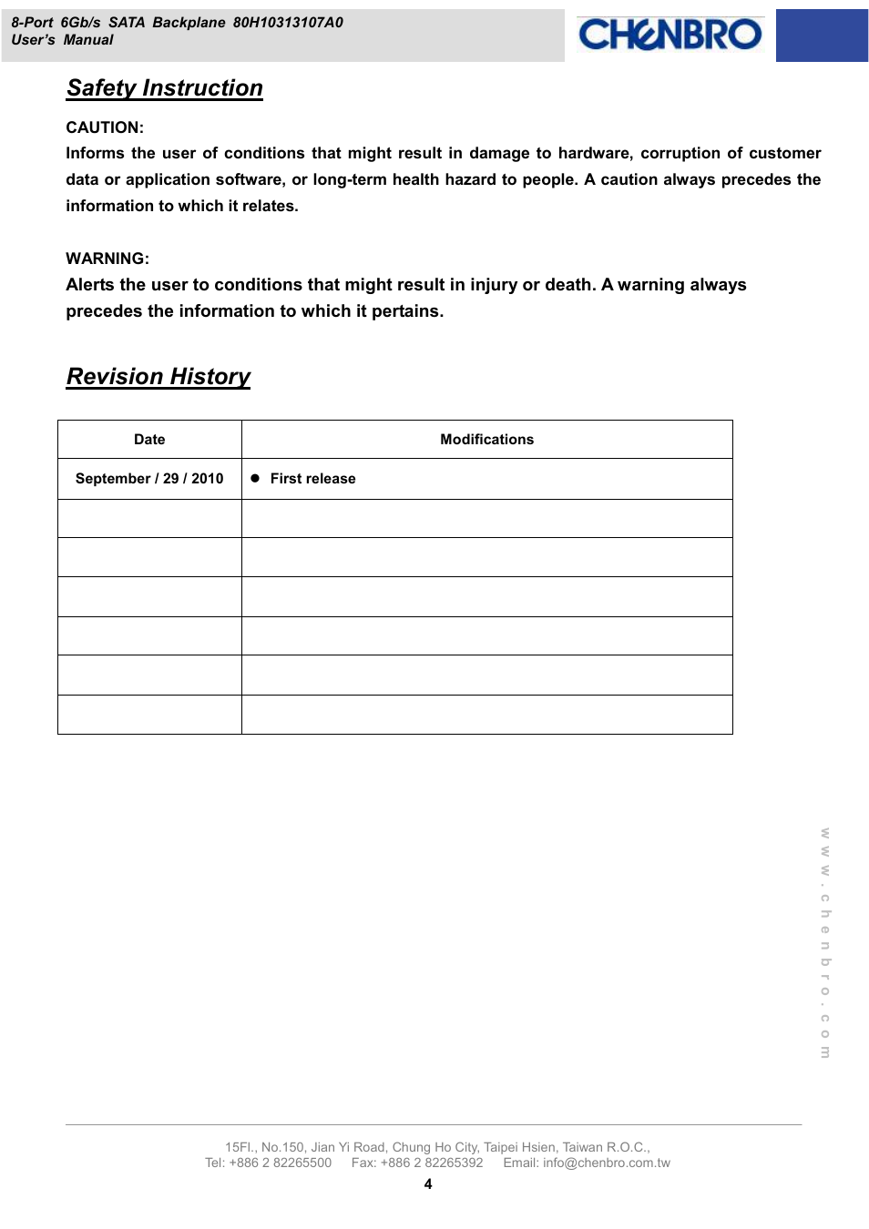 Safety instruction, Revision history | Chenbro RM13108 6Gb/s 8-port 2.5 SATA/SAS Backplane (80H10313107A0), Rev. A0 - Manual User Manual | Page 4 / 10