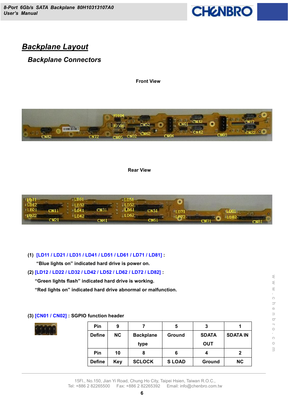 Backplane layout, Backplane connectors | Chenbro RM13108 6Gb/s 8-port 2.5 SATA/SAS Backplane (80H10313107A0), Rev. A0 - Manual User Manual | Page 6 / 10