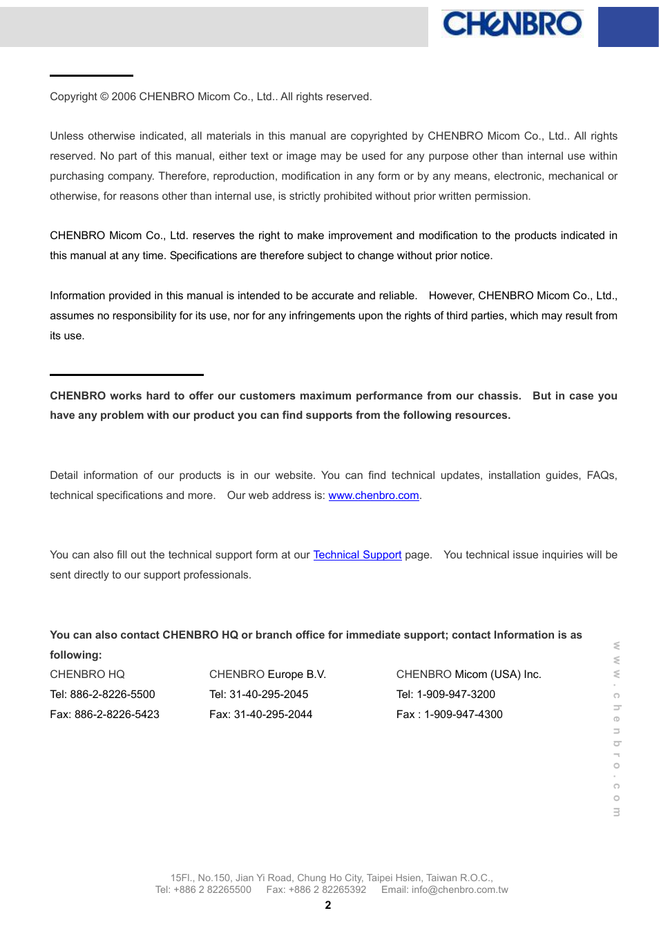 Copyright, Technical support, Web support | Email support, Phone support | Chenbro RM31616 LED Board(80H033216-004), Features and Jumper Settings - Manual User Manual | Page 2 / 8